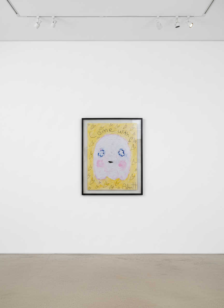 Adam Handler - Come With Me Ghost, 2021, Oil stick and pencil on heavy weight paper
Framed in a white 1 in. frame, ¾ in fl...