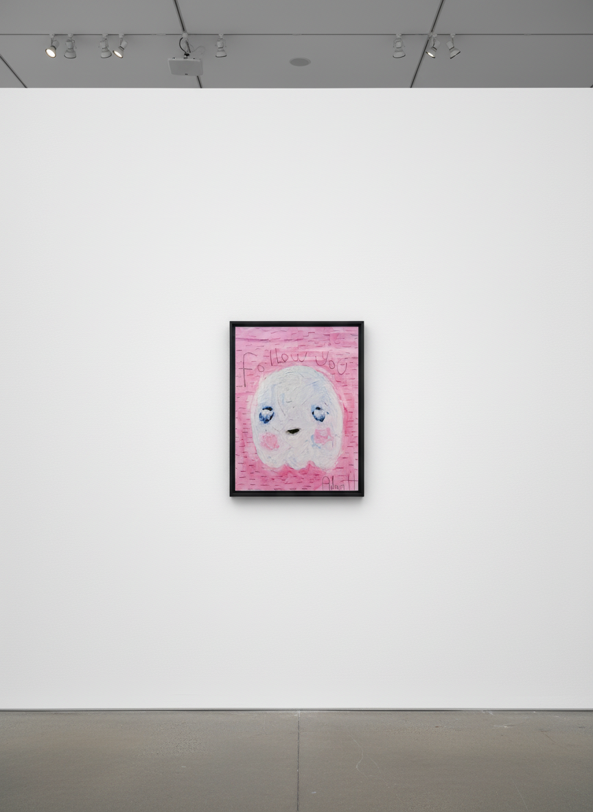 Adam Handler - Follow You Ghost, 2021, Oil stick and pencil on heavy weight paper
Framed in a white 1 in. frame, ¾ in floa...