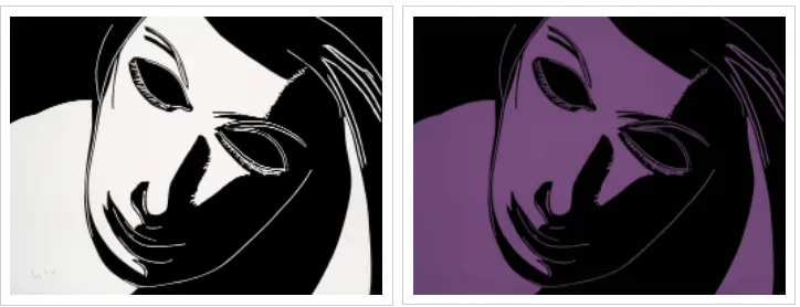 Alex Katz - Black & White Dancer and Purple Dancer set, 2021, 1-color woodcut on Somerset 300 gsm 
2-color woodcut on Som...