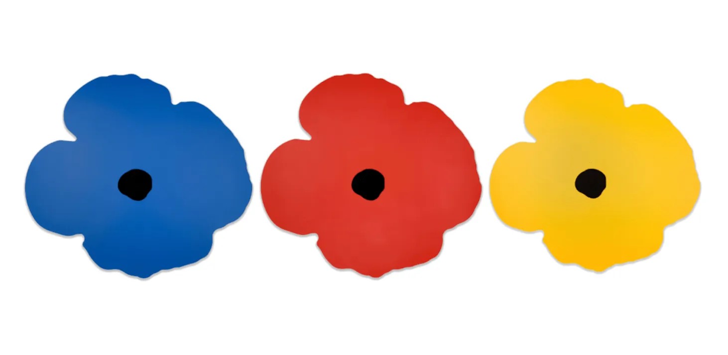 Donald Sultan - Wall Poppy Oct 15 (Blue, Red, Yellow), 2024, Shaped aluminum with acrylic polyurethane paint and black flock