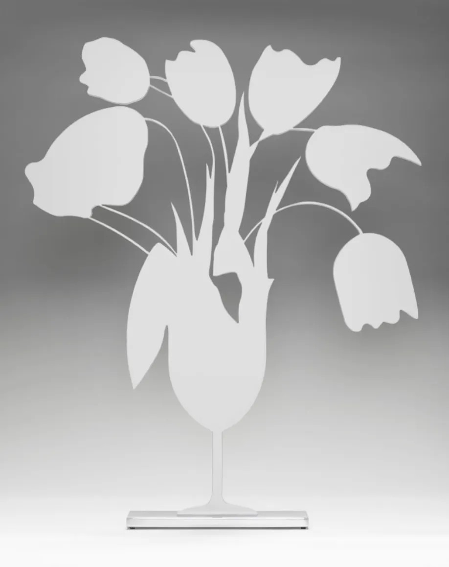 Donald Sultan - White Tulips and Vase, April 4, 2014, Painted aluminum on polished aluminum base