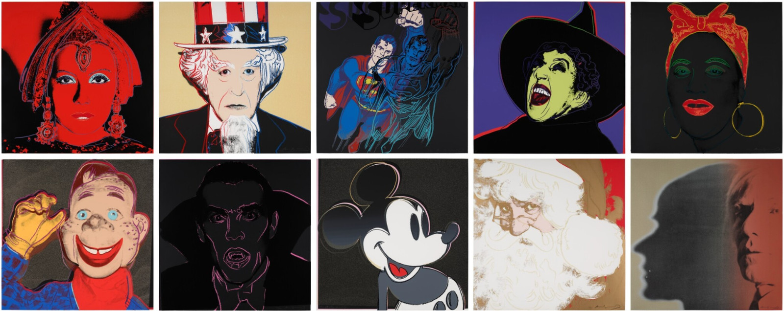 Andy Warhol - Myths F.S. II 258-267, 1981, The complete set of ten screen prints, nine with diamond dust, on Lenox Museum ...