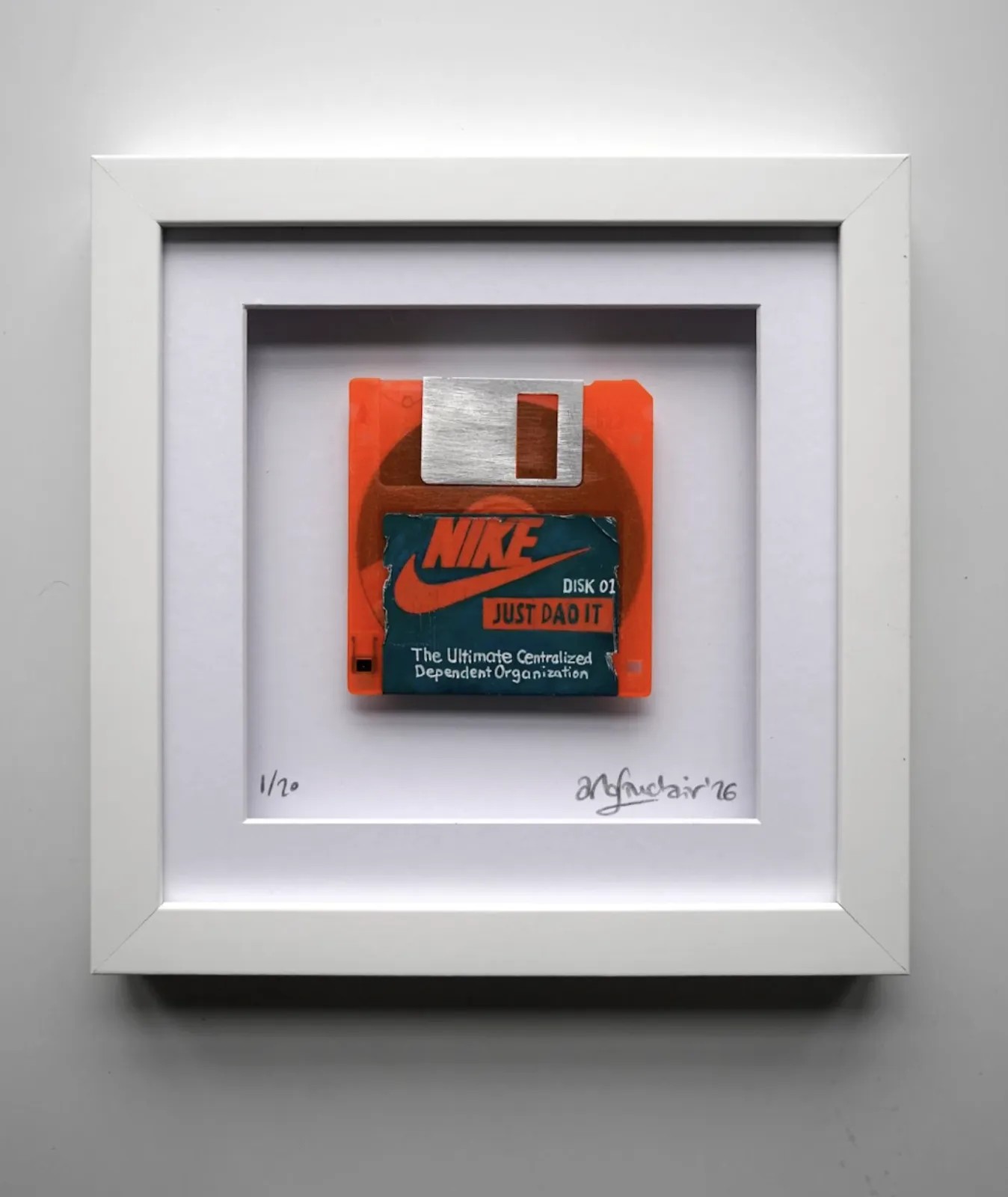 Arlo Sinclair - Nike: Just DAO It - 3.5” Fluorescent Orange, 2026, Hand-painted retro floppy disk: acrylic paint, plastic ...