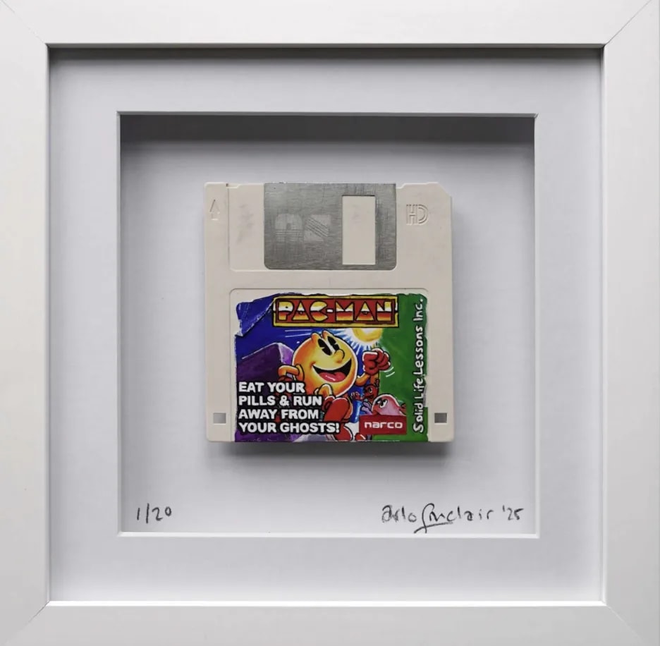 Arlo Sinclair - PacMan: Pills & Ghosts - 3.5” White, 2025, Hand-painted retro floppy disk: acrylic paint, plastic disk,
al...