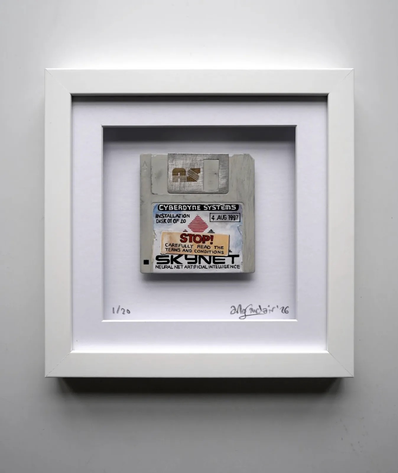 Arlo Sinclair - Terms & Conditions - 3.5” White, 2026, Hand-painted retro floppy disk: acrylic paint, plastic disk, alumin...