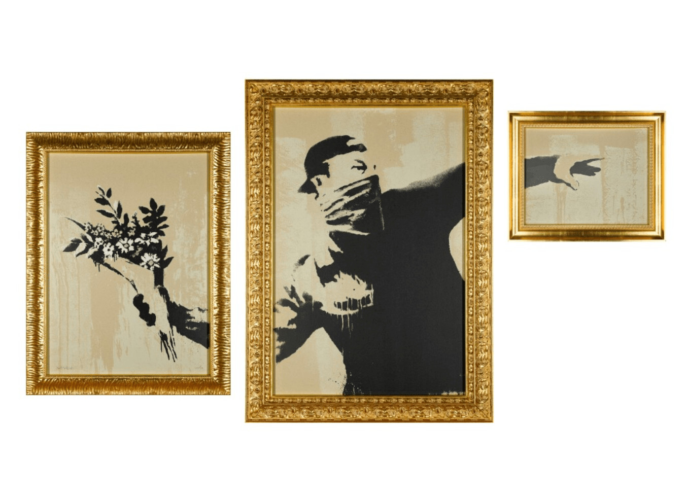 Banksy - Flower Thrower Triptych VIP, 2019, Set of three screen prints on recycled card in artist's frame