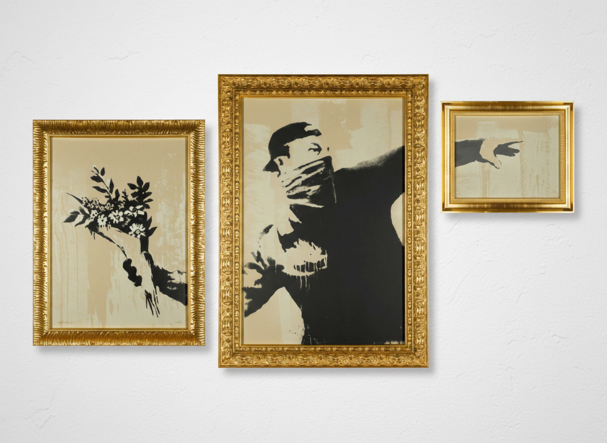 Banksy - Flower Thrower Triptych VIP, 2019, Set of three screen prints on recycled card in artist's frame