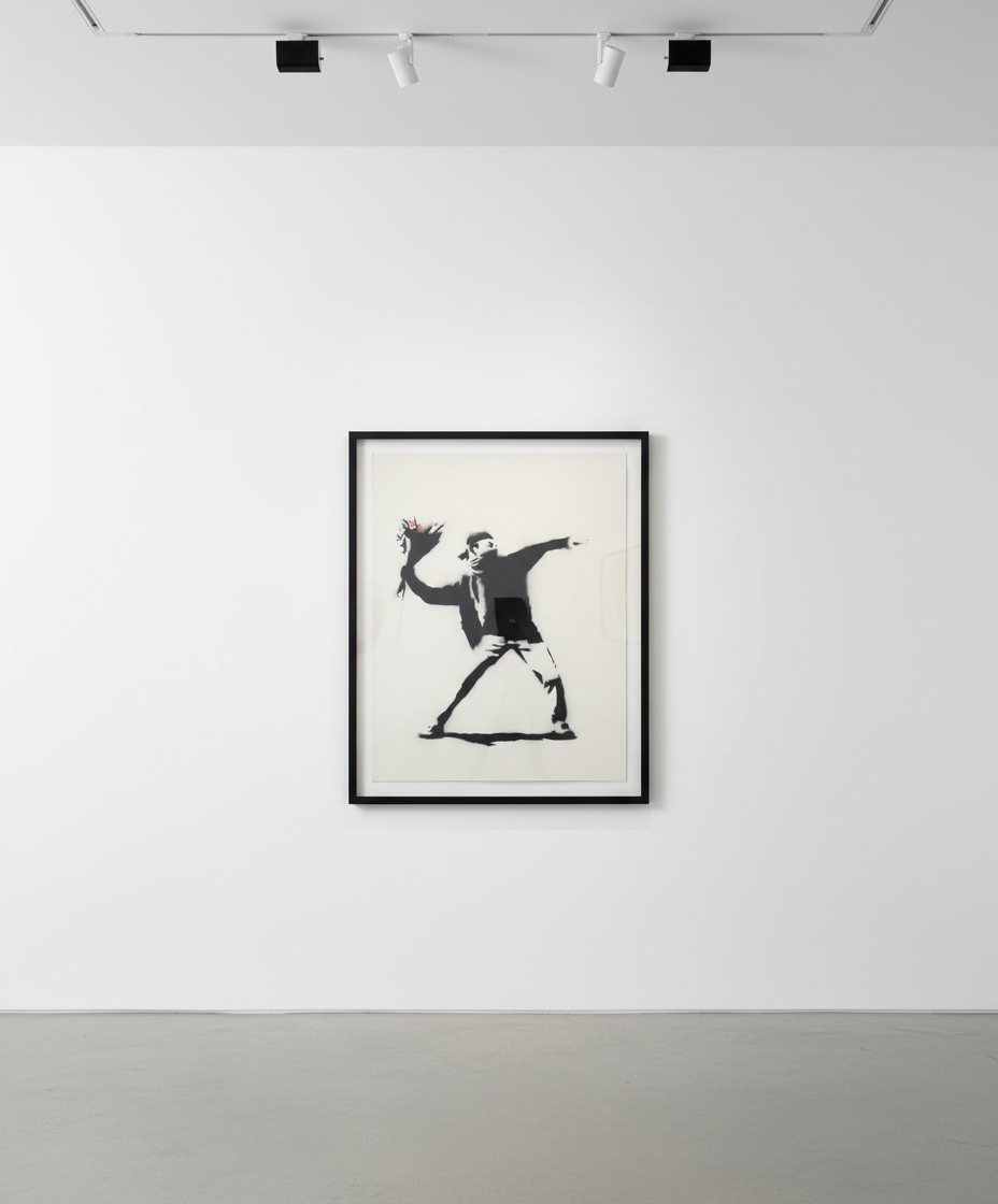 Banksy - Love Is In The Air Flower Thrower Canvas, 2002, Stencil spray paint on canvas