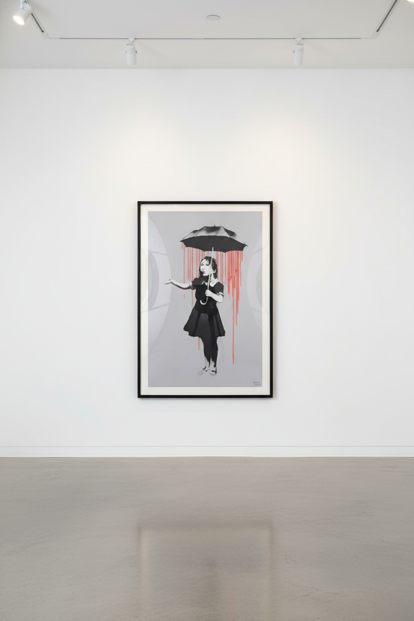 Banksy - NOLA Umbrella Girl Dark Orange Rain, 2008, Screen print