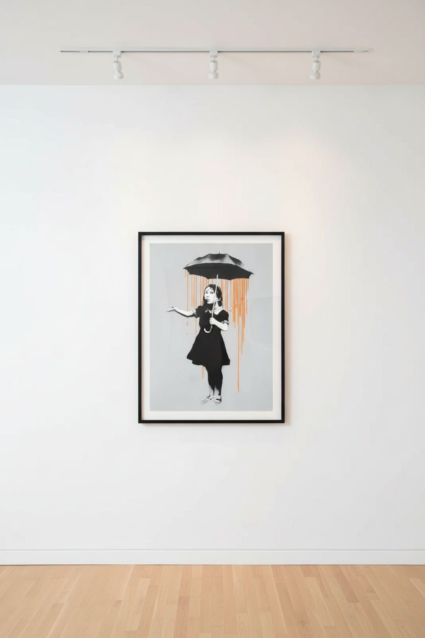 Banksy - NOLA Umbrella Girl Orange Rain, 2008, Screen print