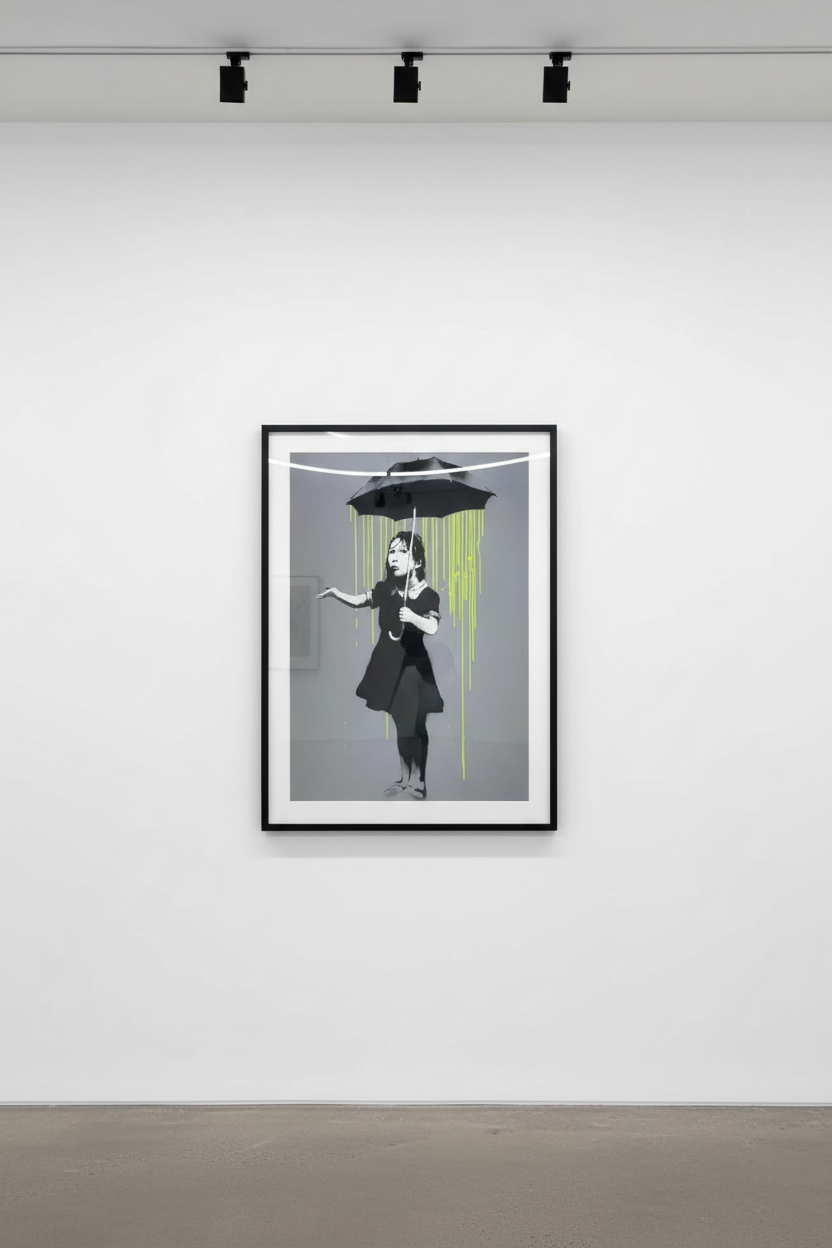 Banksy - NOLA Umbrella Girl Yellow Rain, 2008, Screen print