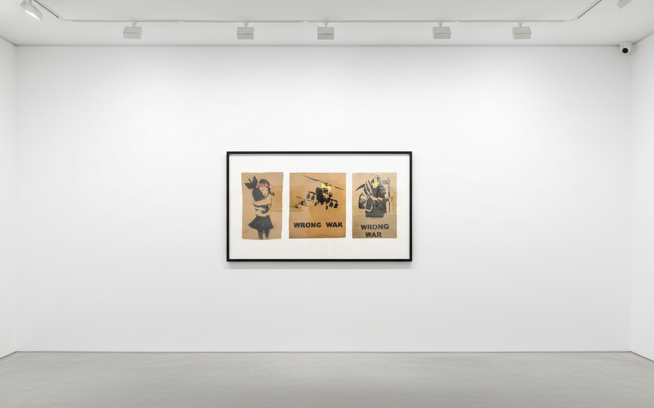 Banksy - Wrong War Cardboard (Bomb Hugger , Grin Reaper , Happy Chopper), 2003, Stencil and spray paint on cardboard