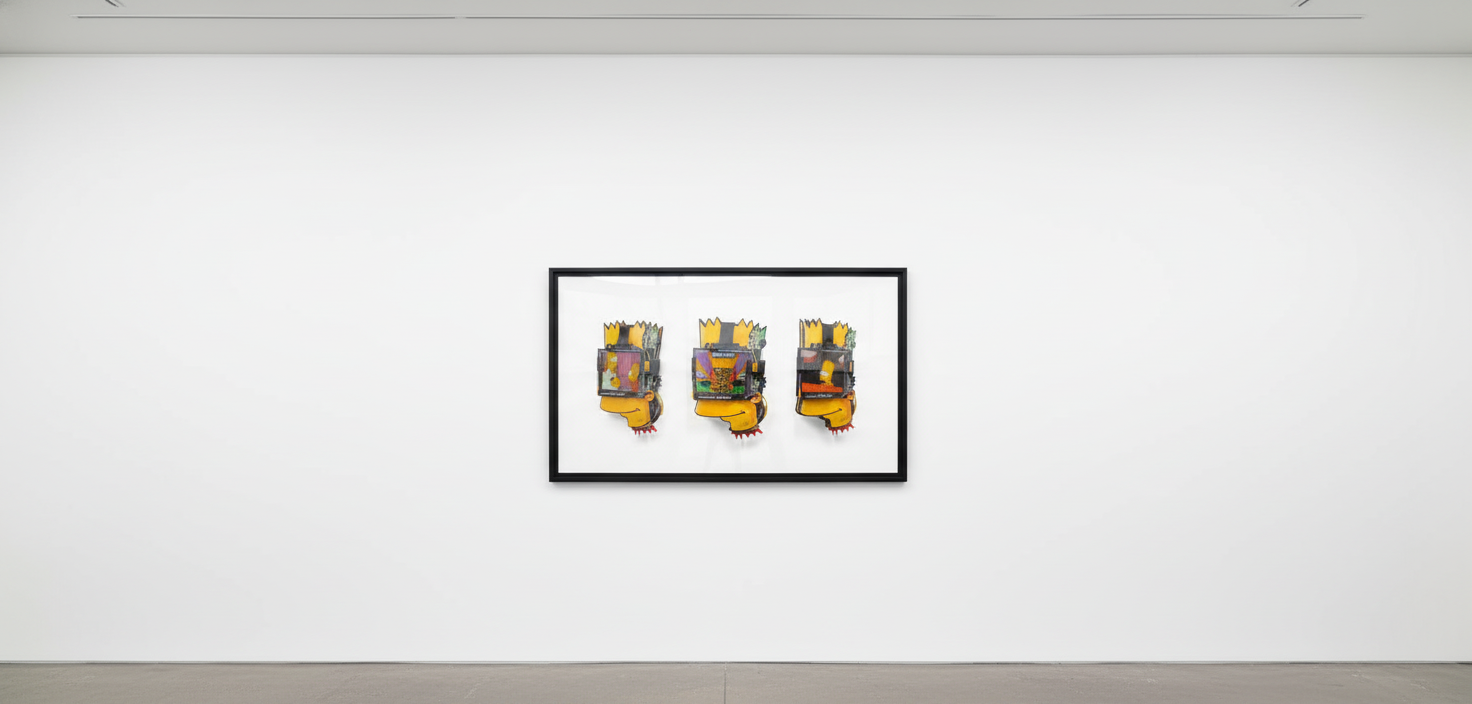 Connor Gottfried - Eat my Shorts! (Amnestic re-embodiment), 2025, Aluminum composite panelling, leather straps, 19” IPS sc...