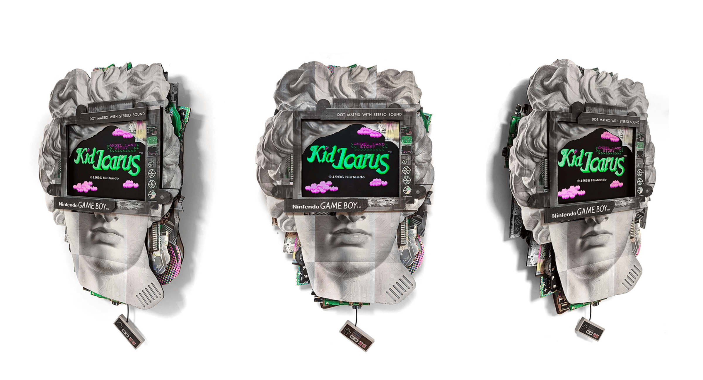 Connor Gottfried - Feathers and Wax, 2025, Aluminum composite panelling, three 8” IPS screens, Raspberry Pi, NES emulator,...