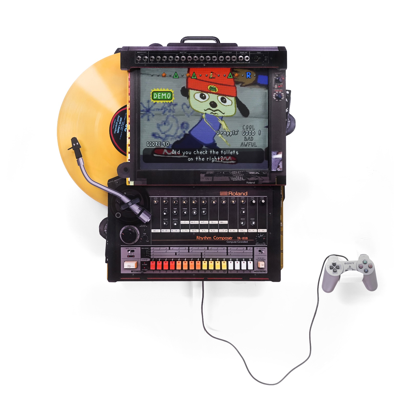 Connor Gottfried - Turn/Tables (PaRappa's Delight), 2026, Aluminum composite panelling,19” IPS screen, 8” IPS screen, ...