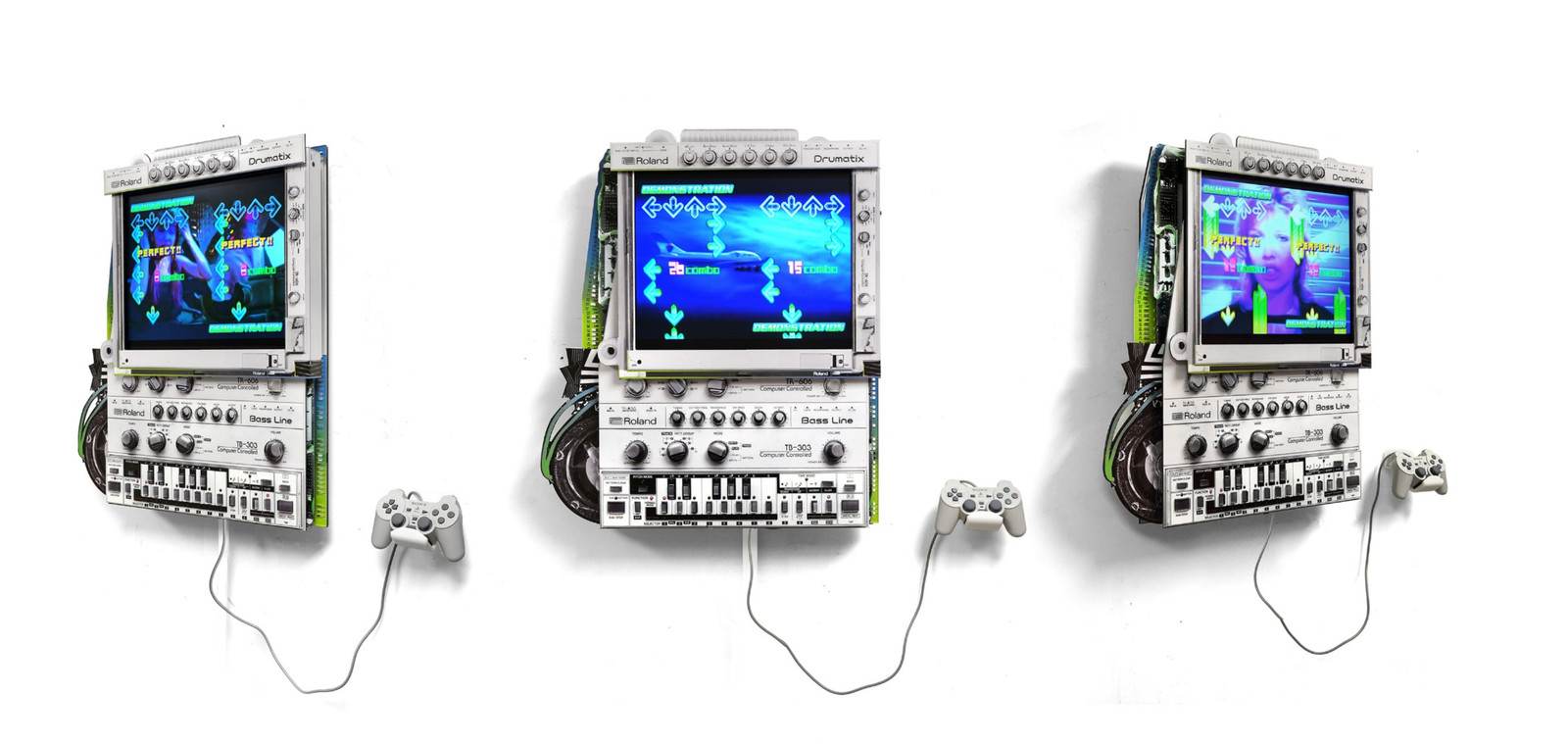 Connor Gottfried - Woven Threads (Stepping Through Time), 2025, Aluminum composite paneling, 19" IPS panel, PS2, Dance Dan...