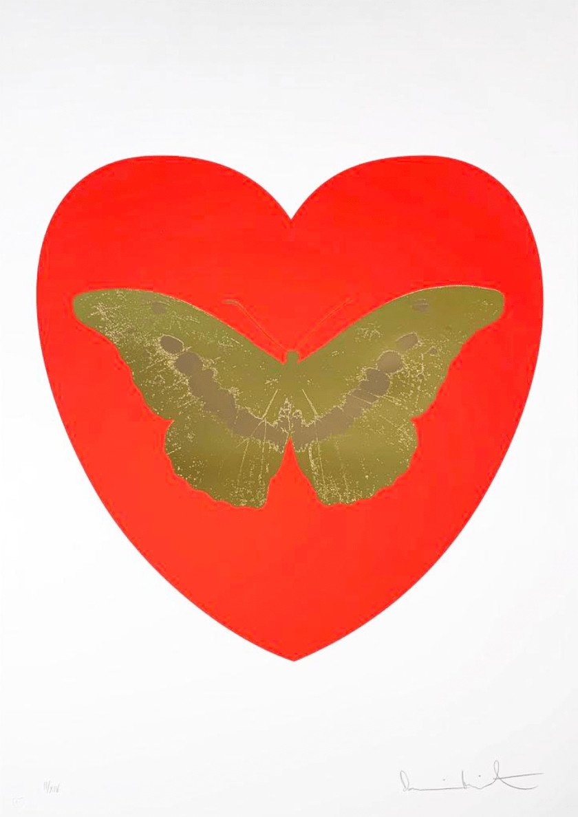 Damien Hirst - I Love You (Red/Oriental Gold/Cool Gold), 2015, Silkscreen and 2 colour foil block on Somerset Satin 410gsm