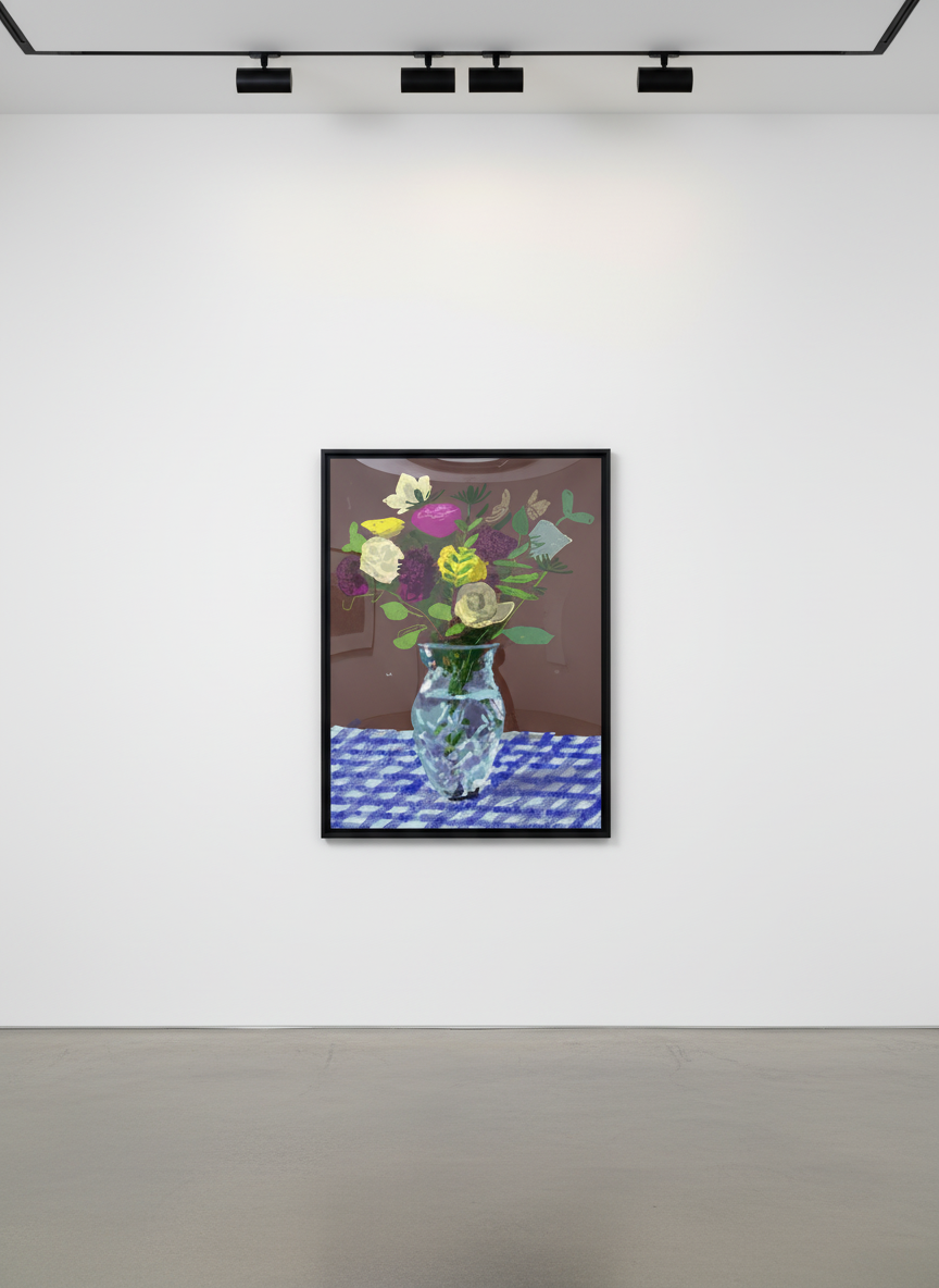David Hockney - 20th March 2021, Flowers, Glass Vase on a Table, 2021, iPad painting printed on paper