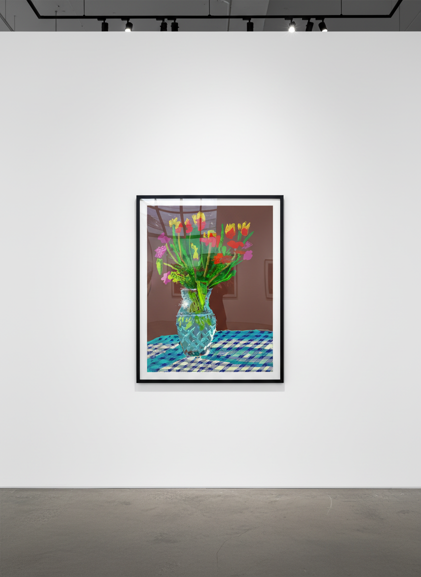 David Hockney - 24th February 2021, Red, Yellow and Purple Flowers on a Blue Tablecloth, 2021, iPad Drawing Printed on Paper