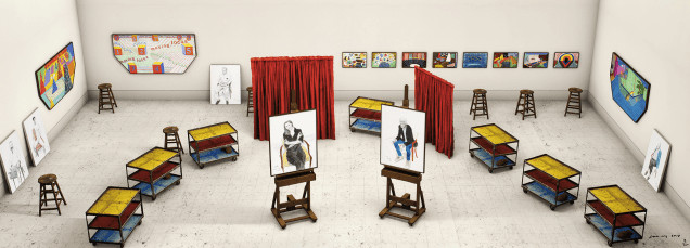 David Hockney - Seven  Trollies, Six and a Half Stools, Six Portraits, Eleven Paintings, and Two Curtains, 2018, Photograp...