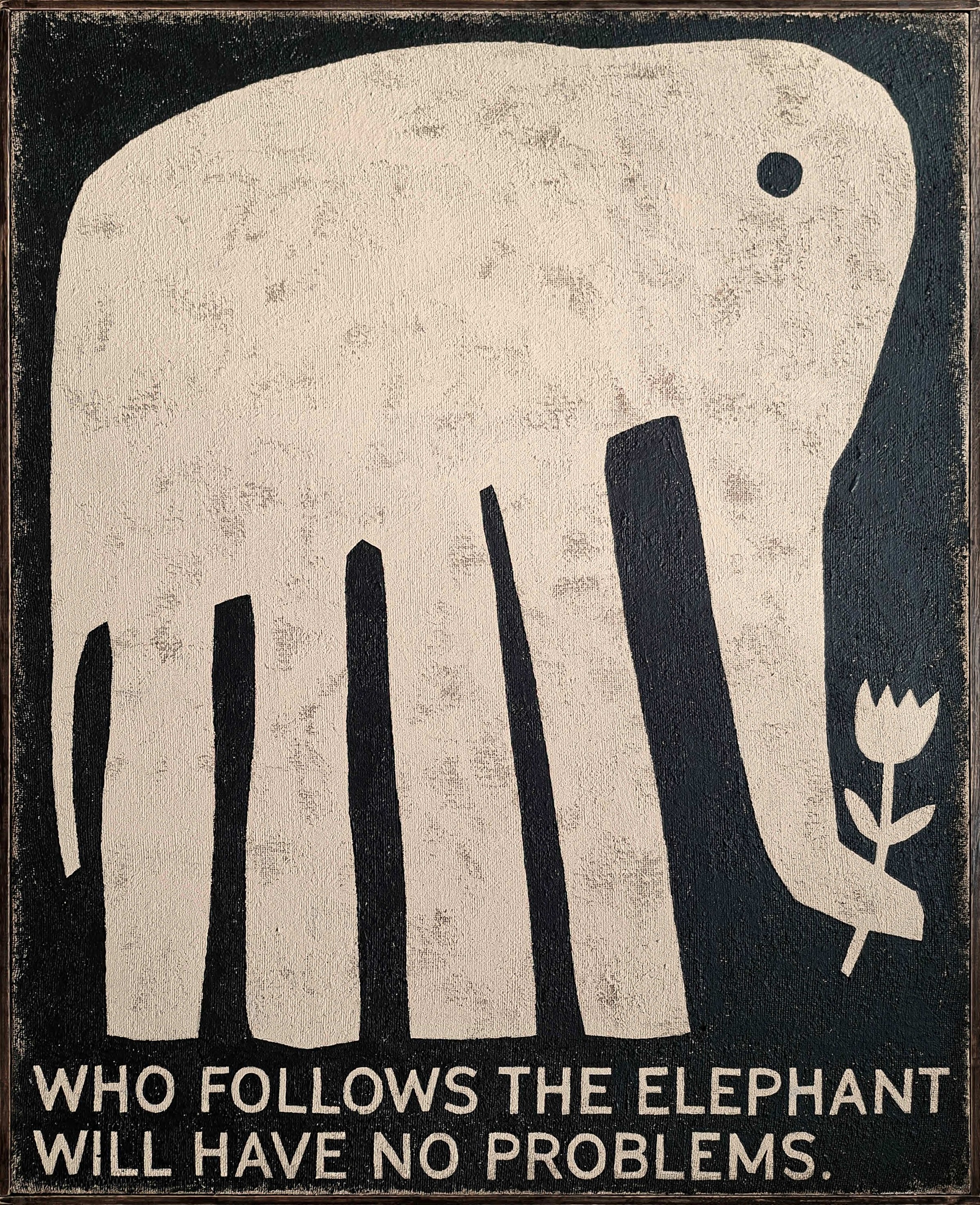 David Schmitt - Who Follows The Elephant, 2026, Mixed Media on Raw Acrylic Canvas  | Hand-Framed with Oak
