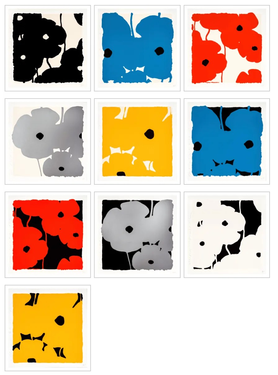 Donald Sultan - Poppies Portfolio, Sept 7 & Aug 17, 2022, Color Silkscreen with enamel inks, flocking, and tar-like textur...
