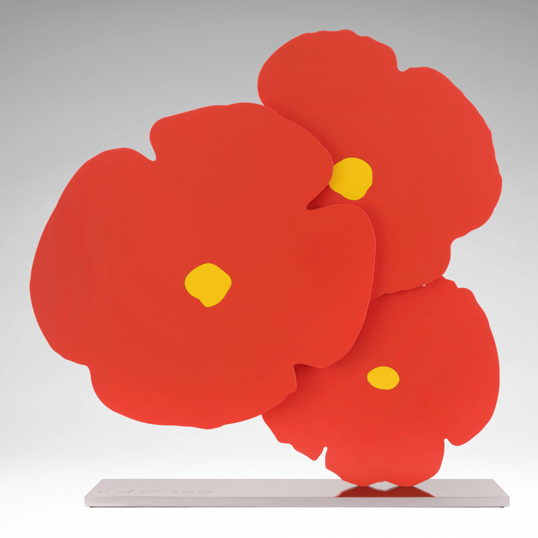 Donald Sultan - Red with Yellow, 2024, 2024, Painted aluminum and stainless steel centers, mounted on polished stainless s...