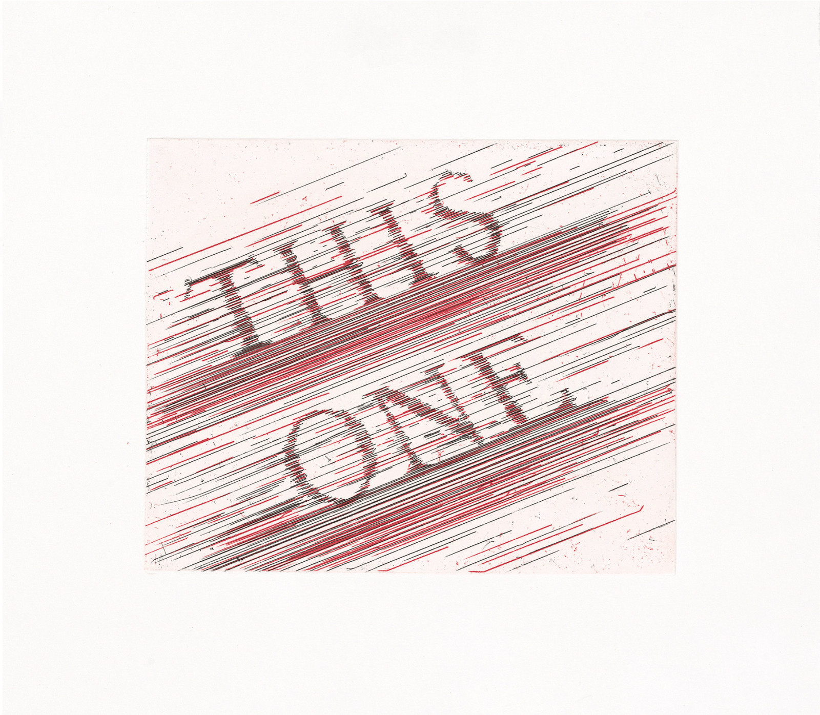 Ed Ruscha - This One, 2023, Hard ground etching printed in black and red.