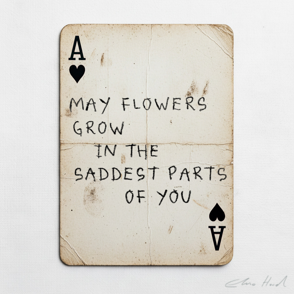 Elmo Hood - May Flowers Grow In The Saddest Parts Of You, 2026, Mixed Media Playing Card on Wooden Backed Canvas | Signed