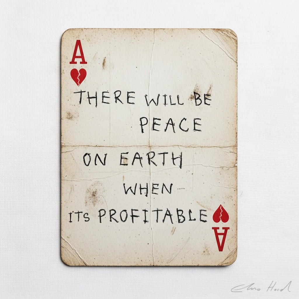 Elmo Hood - There Will Be Peace On Earth, 2026, Mixed Media Playing Card on Wooden Backed Canvas | Signed
