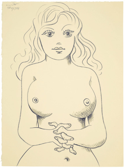 George Condo - Young Girl In The Wild, 2018, Wax crayon on paper