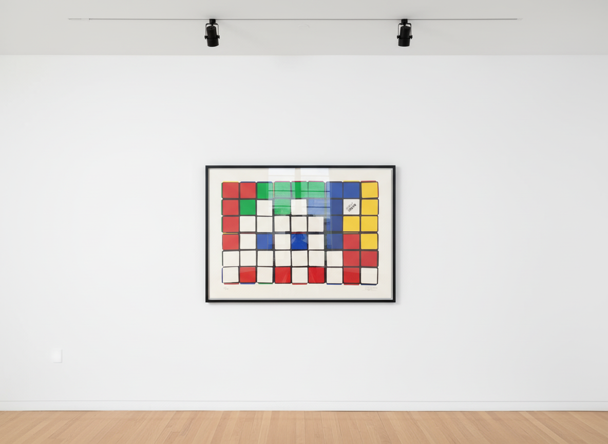 Invader - 6 Cubes  (Blue/Yellow), 2009, Screen print on paper
Signed & numbered