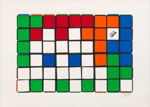 Invader - 6 Cubes  (Orange/Blue), 2009, Screen print on paper
Signed & numbered