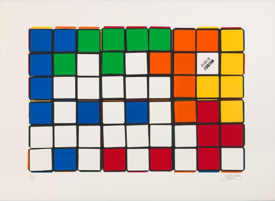 Invader - 6 Cubes  (Orange/Yellow), 2009, Screen print on paper
Signed & numbered