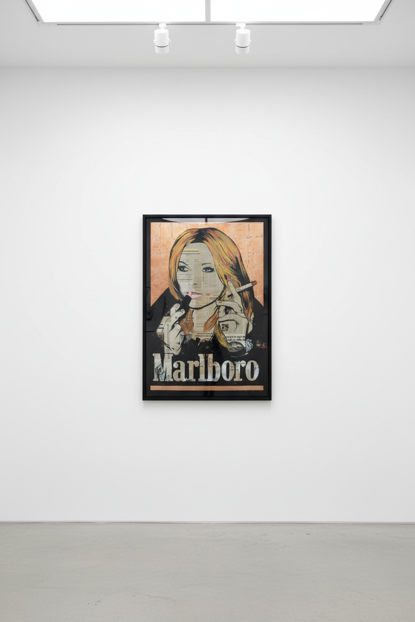 Jojo Anavim - "Cowboy Kate" (Marlboro), 2021, Acrylic, Collage, Diamond dust and Gold Leaf on Canvas