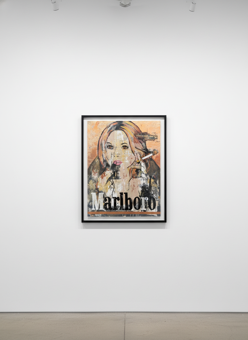 Jojo Anavim - Cowboy Kate Moss, 2024, Acrylic, Rose Gold Leaf Foil, Collage and Metal Flake on Canvas