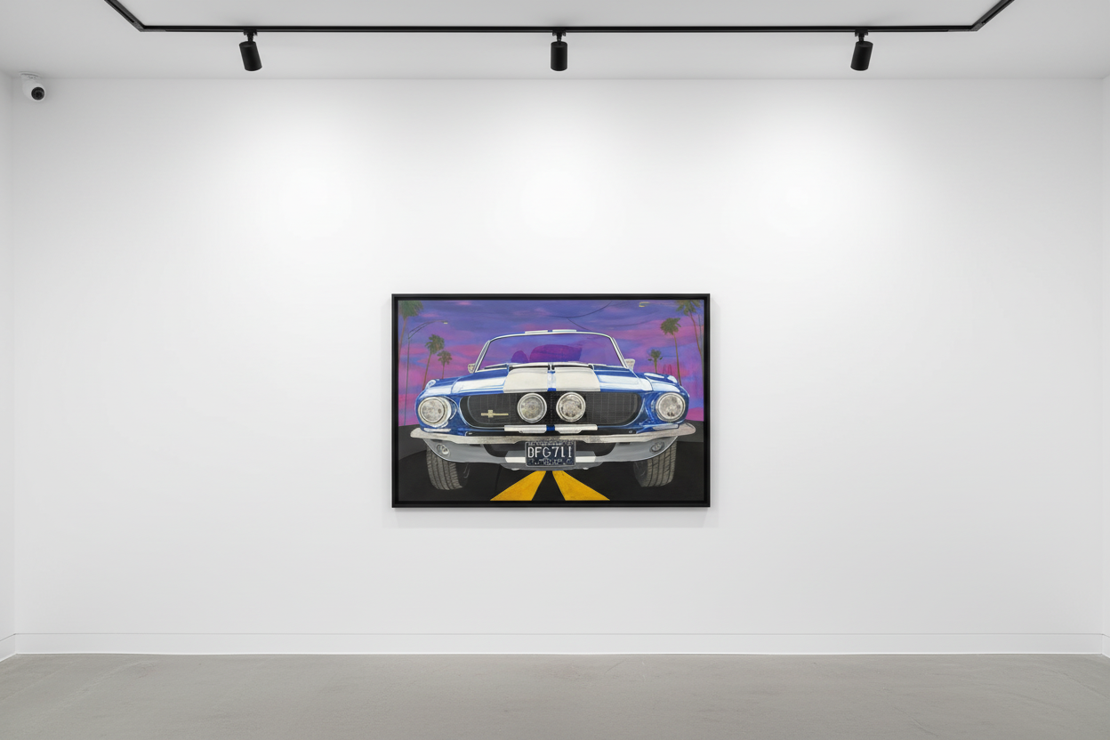 Jojo Anavim - Ghostride (67 Shelby), 2022, Acrylic, mirror foil, asphalt texture and found license plate on wood panel