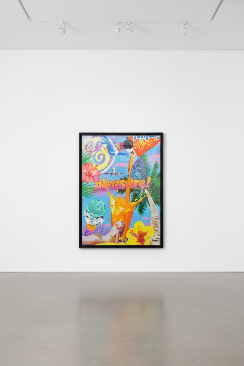 Jojo Anavim - Pleasure (Surf), 2020, Acrylic, collage, synthetic flowers, and diamond dust on canvas