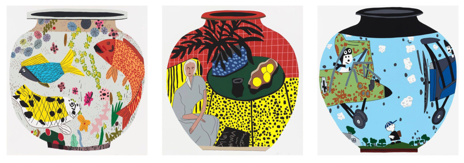 Jonas Wood - Fish Pot; Matisse Pot 4; Snoopy Pot, Fish Pot: 36-colour screen print on Rising Museum Board
Matisse Pot:  18...