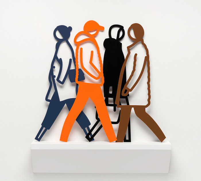 Julian Opie - Belgium 2, 2021, Wall mounted Corian shelves each with 4 freestanding acrylic sculptures