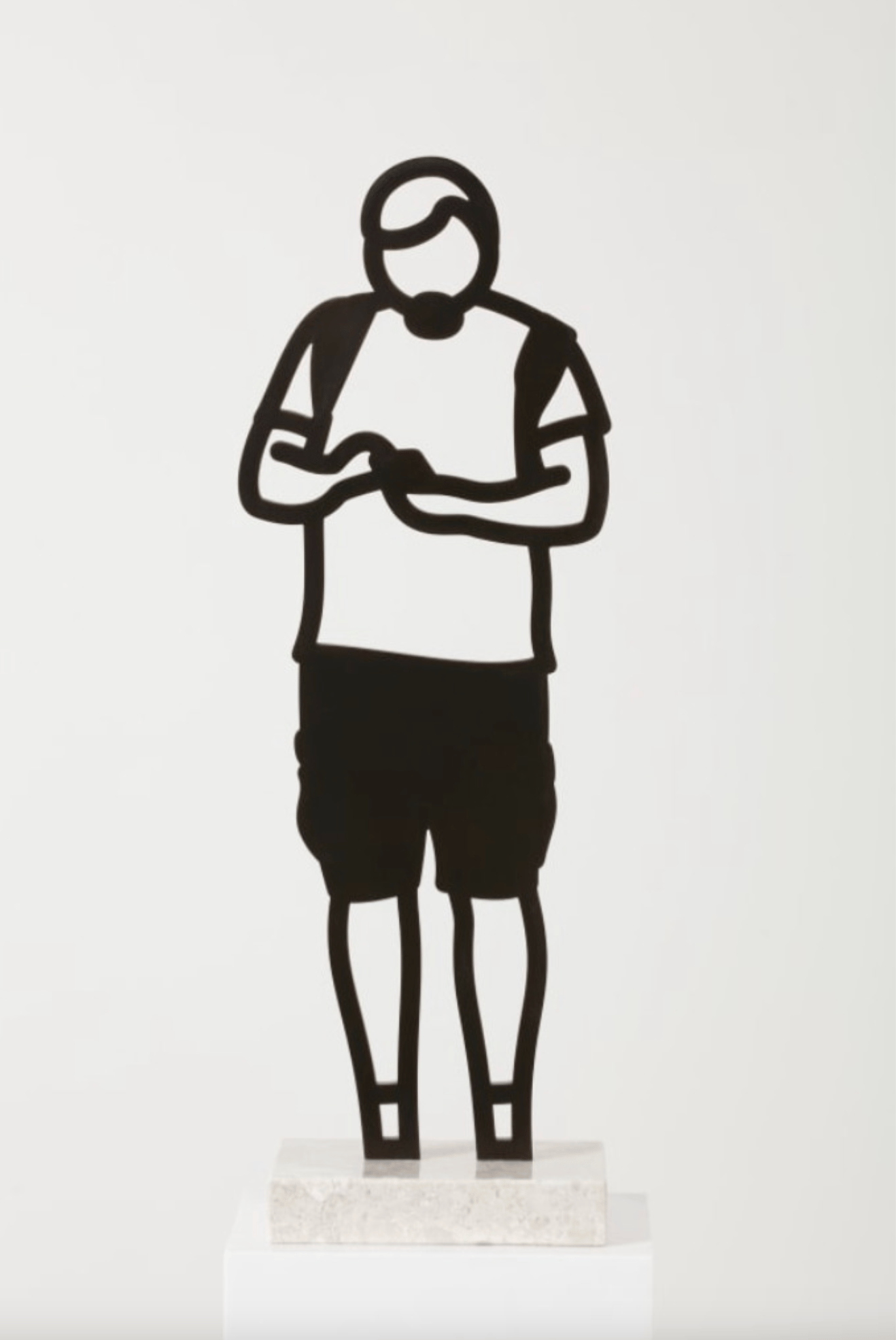 Julian Opie - Boston Statuettes: Cargo Shorts, 2020, Freestanding patinated black bronze figure on Crema Grey light stone ...