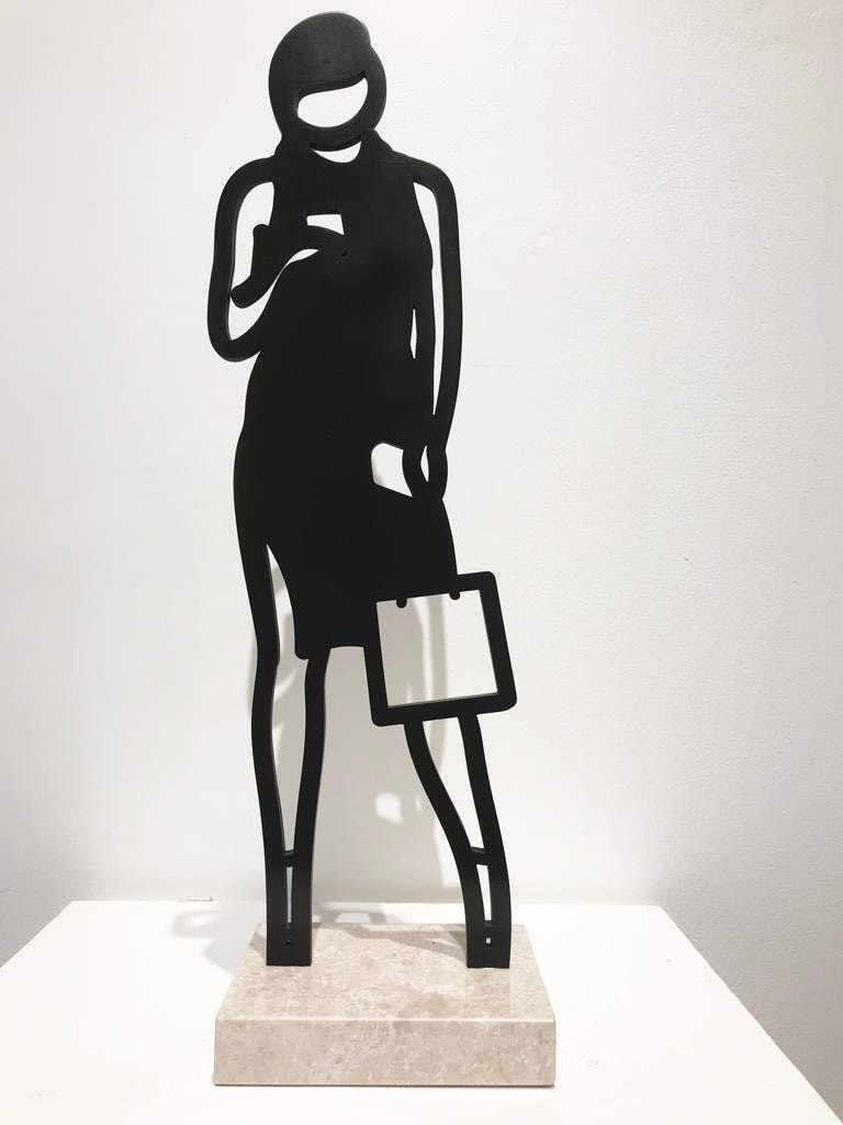 Julian Opie - Melbourne Statuettes: Telephone, 2018, Freestanding patinated black bronze figure on Crema Grey light stone ...