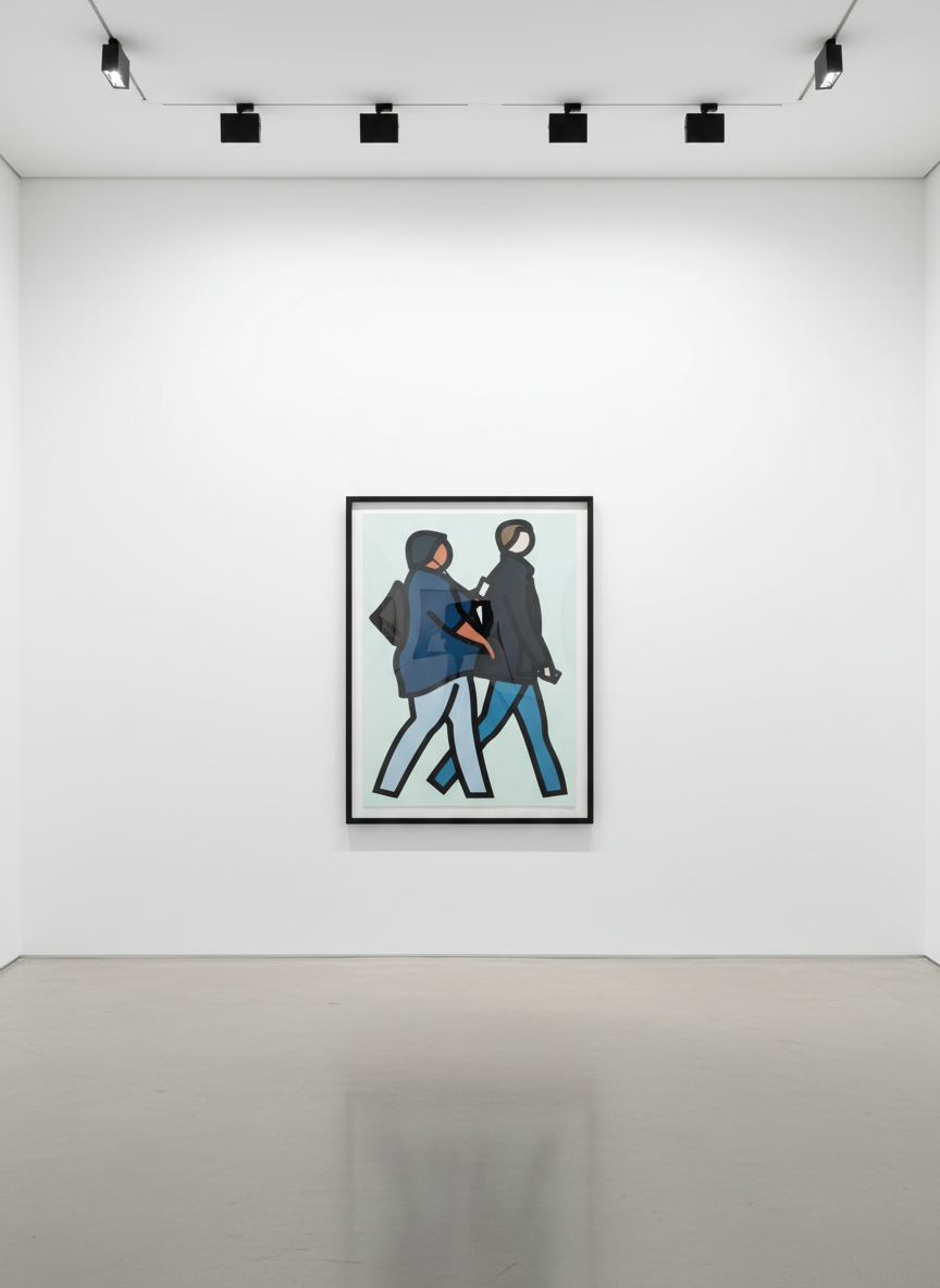 Julian Opie - New York Couple 2, 2019, Screen print with collage on Canson Conservation Board , presented in a sprayed whi...