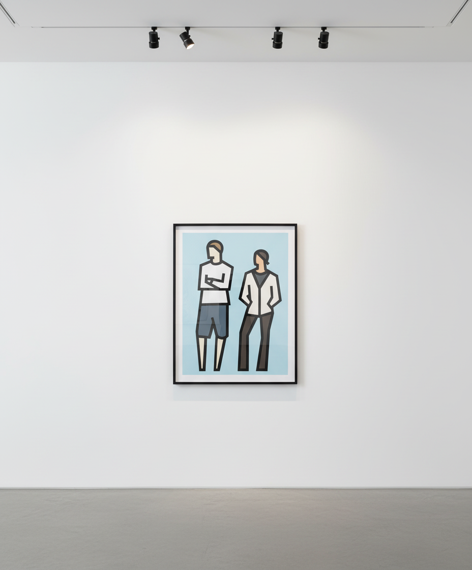 Julian Opie - Standing Couples 1, 2024, Reliefs with collage on archival Museum Boards, presented in sprayed white frames ...