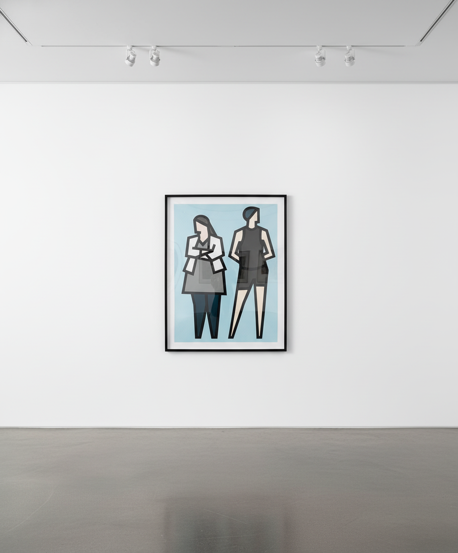 Julian Opie - Standing Couples 5, 2024, Reliefs with collage on archival Museum Boards, presented in sprayed white frames ...