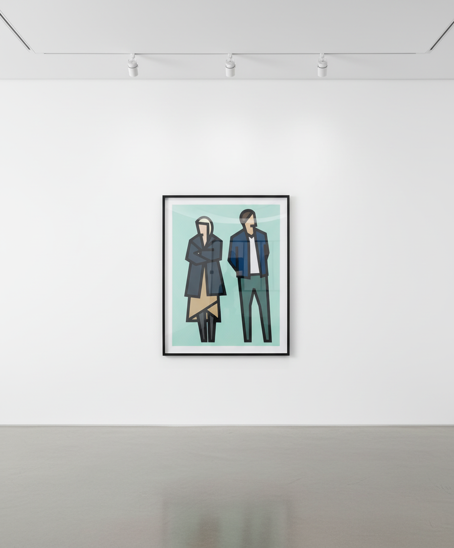 Julian Opie - Standing Couples 6, 2024, Reliefs with collage on archival Museum Boards, presented in sprayed white frames ...