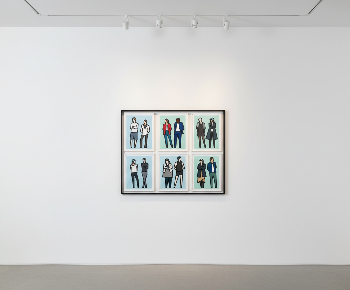 Julian Opie - Standing Couples, 2024, A series of six reliefs with collage on archival Museum Boards, presented in sprayed...