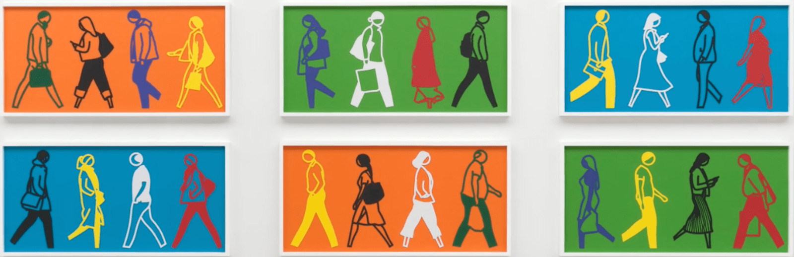 Julian Opie - Street 1 - 6, 2020, Set of 6 laser - cut museum board reliefs , presented in a sprayed white frame specified...