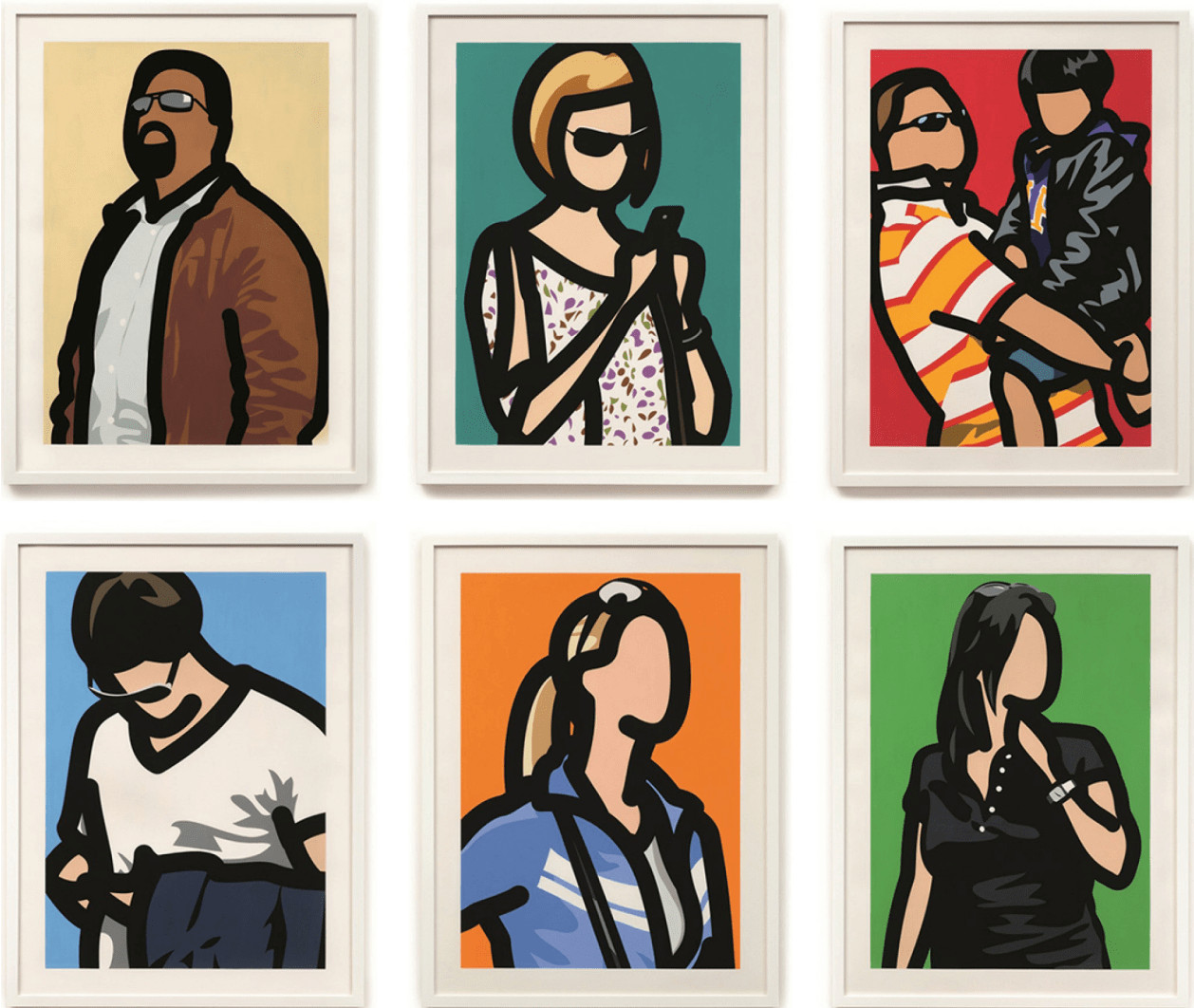 Julian Opie - Tourists, 2014, Six screen prints with hand painting in frames specified by the
artist