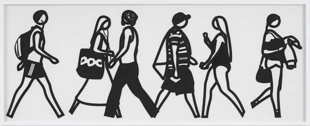 Julian Opie - Walking In Melbourne 6, 2018, Laser cut museum board relief print presented in a sprayed white frame specifi...